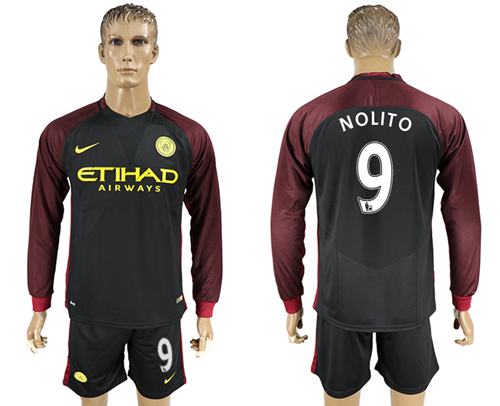 Manchester City #9 Nolito Away Long Sleeves Soccer Club Jersey